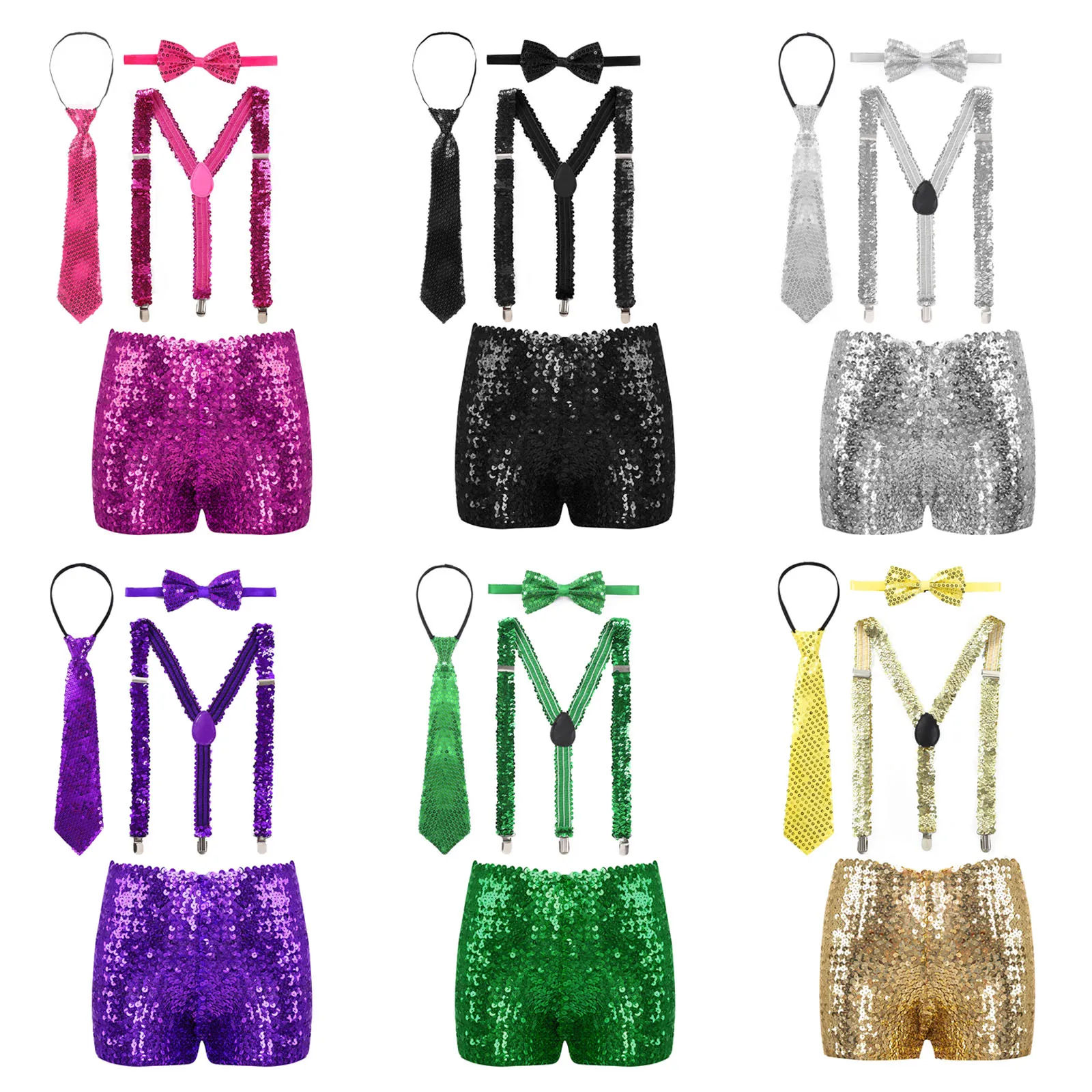 Kids Boys Girls Sequin Hip Hop Jazz Dance Set Shiny Shorts and Suspenders Necktie Bow Tie Dance Performance Ballroom Costumes