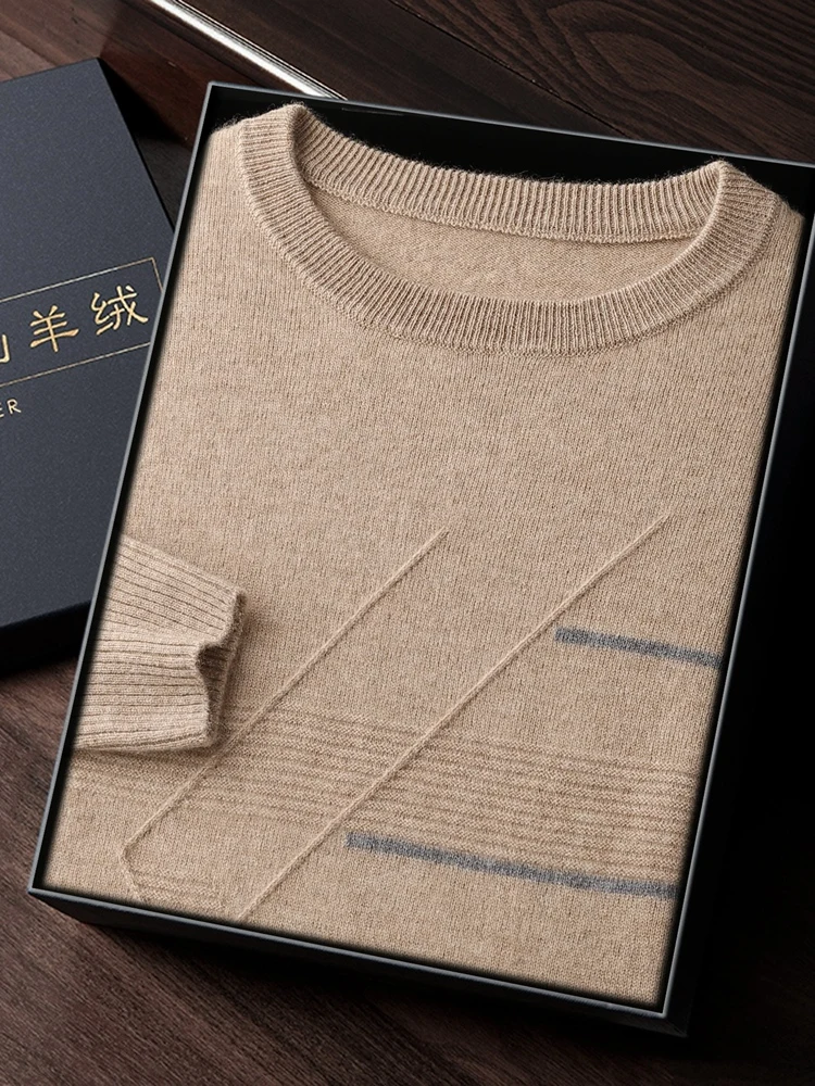 100% Cashmere Men Pullovers Spring Fall Winter Chic Long Sleeve Top One Line Ready to Wear Round Neck Jacquard Cashmere Sweater