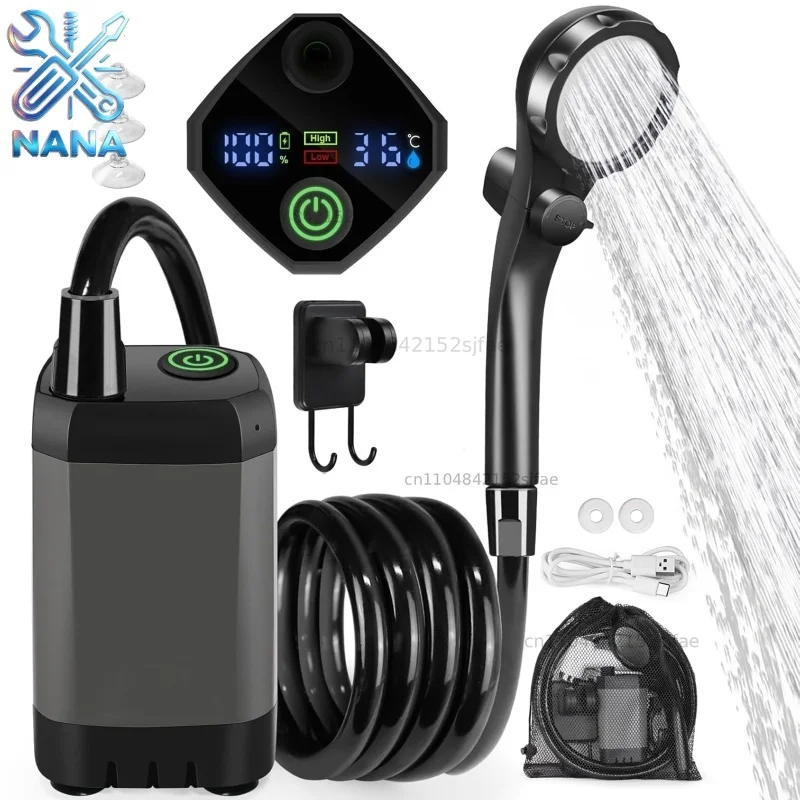 Portable Camping Shower Equipment 6000mAh Rechargeable LED Display Screen Outdoor Simple Electric Mobile Shower Set