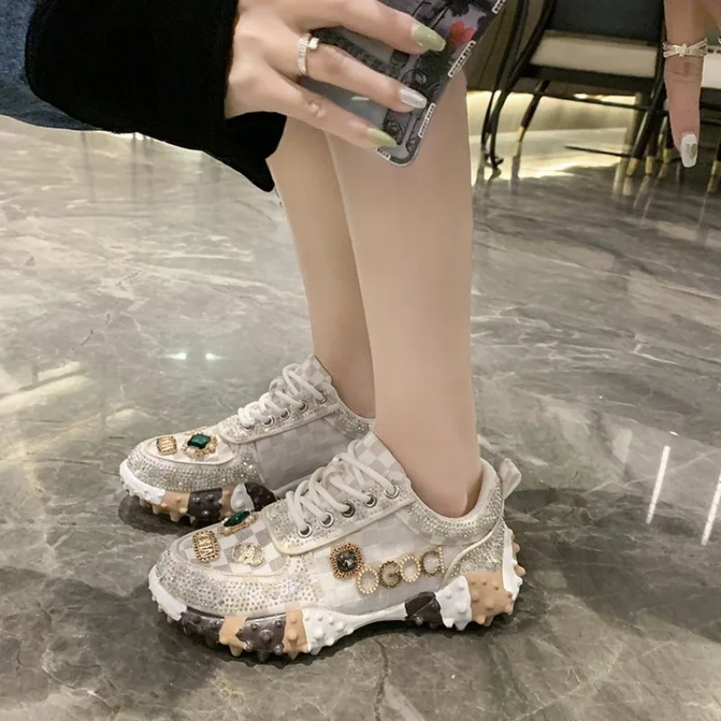 Women\'s Sneakers Spring Autumn Luxury Rhinestone Ladies Shoes 2024 Designer Mesh Vulcanized Shoes New Thick-soled Casual Shoes