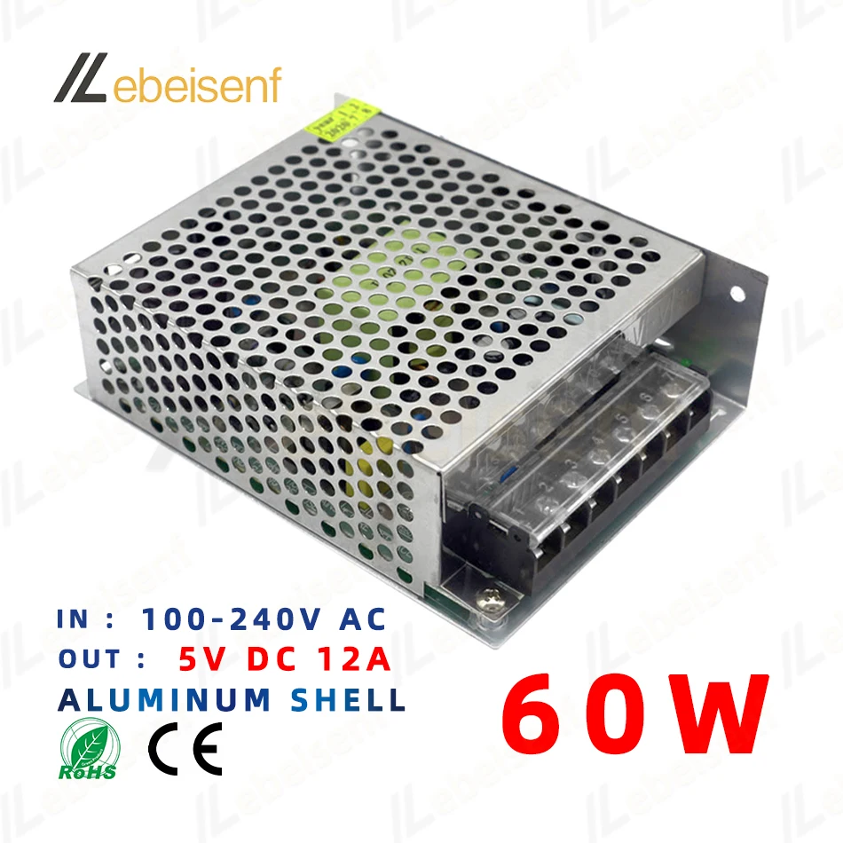 5V 60W Switch Power Supply Aluminum Case 100-240V AC to DC 5 Volts 60 Watts 12A Indoor LED Driver Transformer Converter Adapter