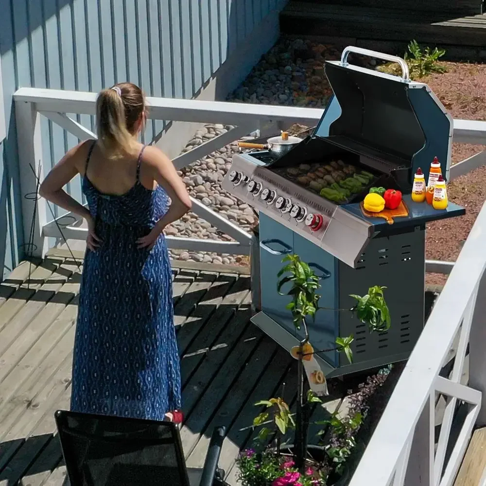 5-Burner Propane Gas Grill with Side and Rear Burners, Cabinet-Style BBQ Grill, 74,000 BTU Output, Ideal for Backyard Cooking, B