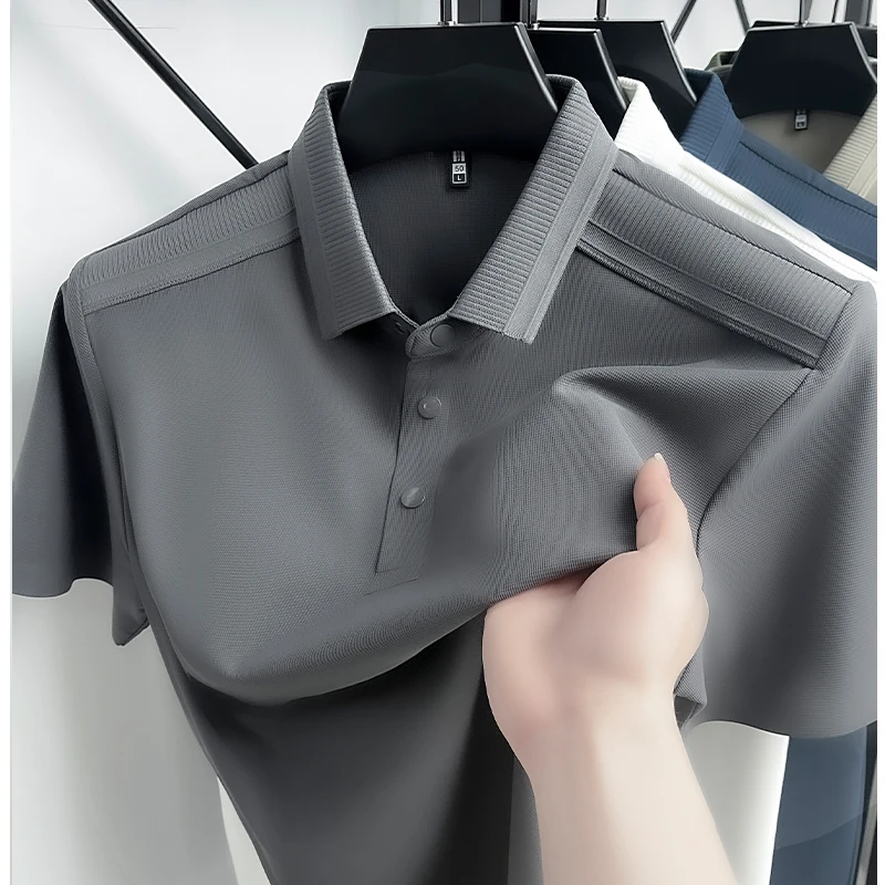 High end brand ice silk short sleeve polo shirt summer simple casual men's T-shirt new comfort breathable solid color trendy top