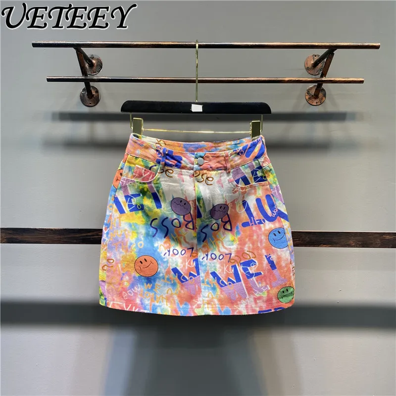 

Pink Personalized Printing Dyeing Denim Short Skirt Summer New High Waist Foreign Style Fashion A-shaped Mini Skirts for Women