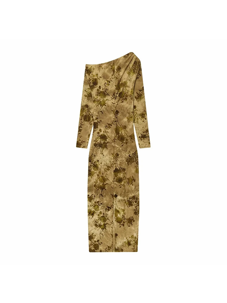 المرأة خريف شتاء جديد المخملية يتدفقون واحد الكتف فستان بكم طويل رقيقة الأزهار التطريز التخسيس فستان ماكسي الكاحل طول