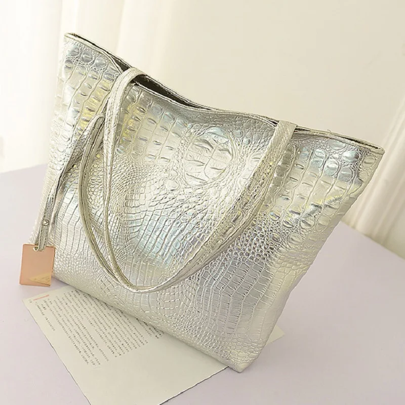 Brand Fashion Casual Women Shoulder Bags Silver Gold Black Crocodile Handbag PU Leather Female Big Tote Bag Ladies Hand Bags Sac