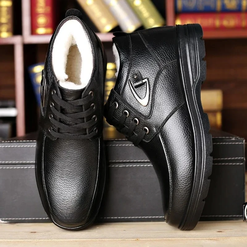 Размер 48, мужская обувь, зимние теплые плюшевые кожаные ботинки, водонепроницаемые нескользящие ботильоны, нескользящие теплые повседневные удобные зимние ботинки