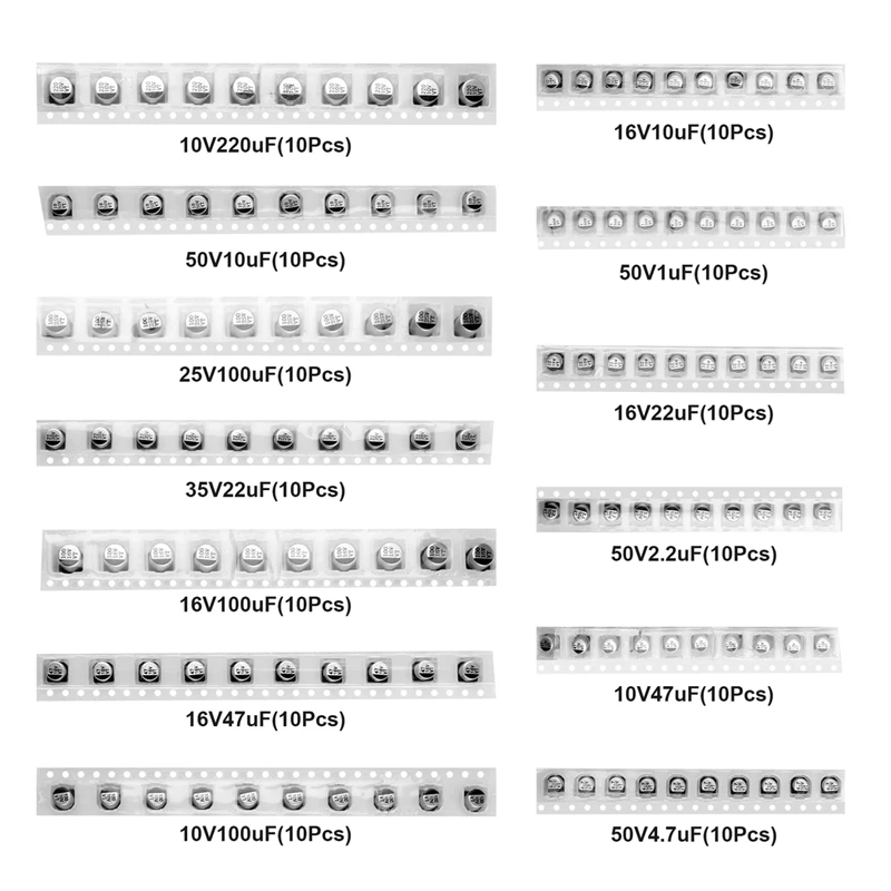 Kit de sac de condensateur électrolytique en aluminium SMD, bande 130, 13 spécifications, valeur de résistance 4.7uF-220uF