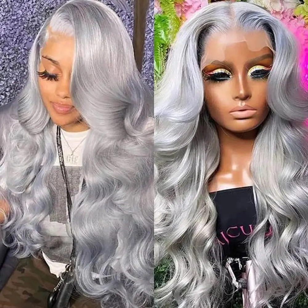 220% Hd 13X4 Body Wave Lace Frontal Wig Silver Grey Body Wave Lace Front Wig Remy Brazilian Body Wave Human Hair Wigs For Women