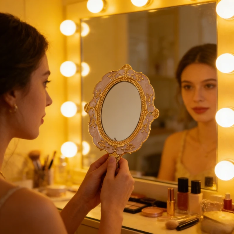 

Home Decor Vintage European Style Gold Relief Mini Hand Mirror, Royal Palace Portable Vanity Mirror, Home Decor Cosmetic Gift