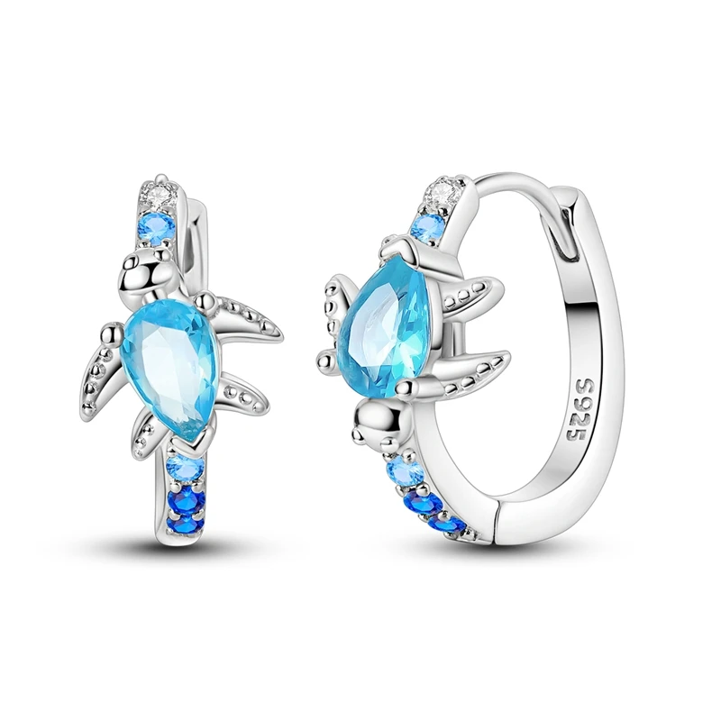 Original 925 Sterling Silver Hoop Earrings Blue Turtle Earrings For Women Sparkling Zircon Fine Engagement Wedding Jewelry Gift