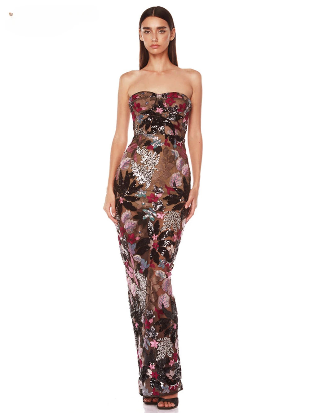 

Sequin Floral Embroidery Sexy Mesh Slim Strapless Maxi Dress Elegant Woman Evening Gowns Celebrity Party Vestidos