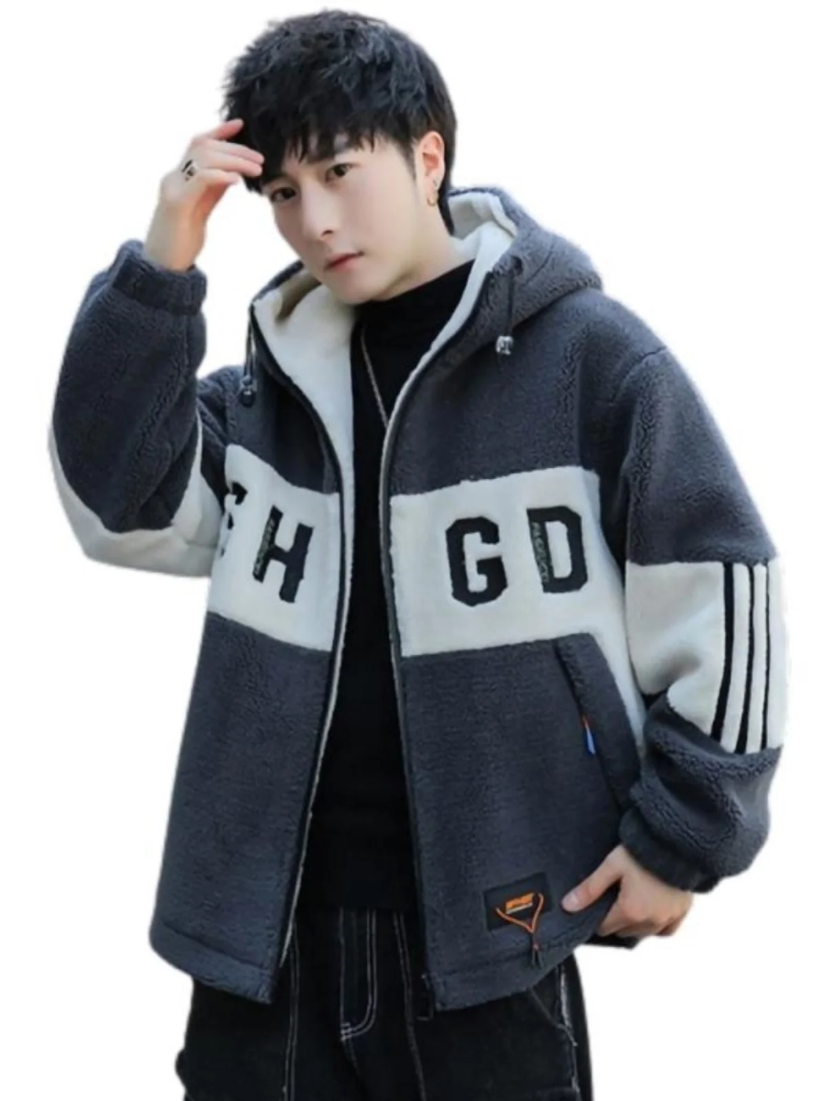 

Lamb Velvet Jaet Men's Winter New Korean Loose Hooded Cotton Padded Coat plus Size Student Trendy Men's Cotton Clothes