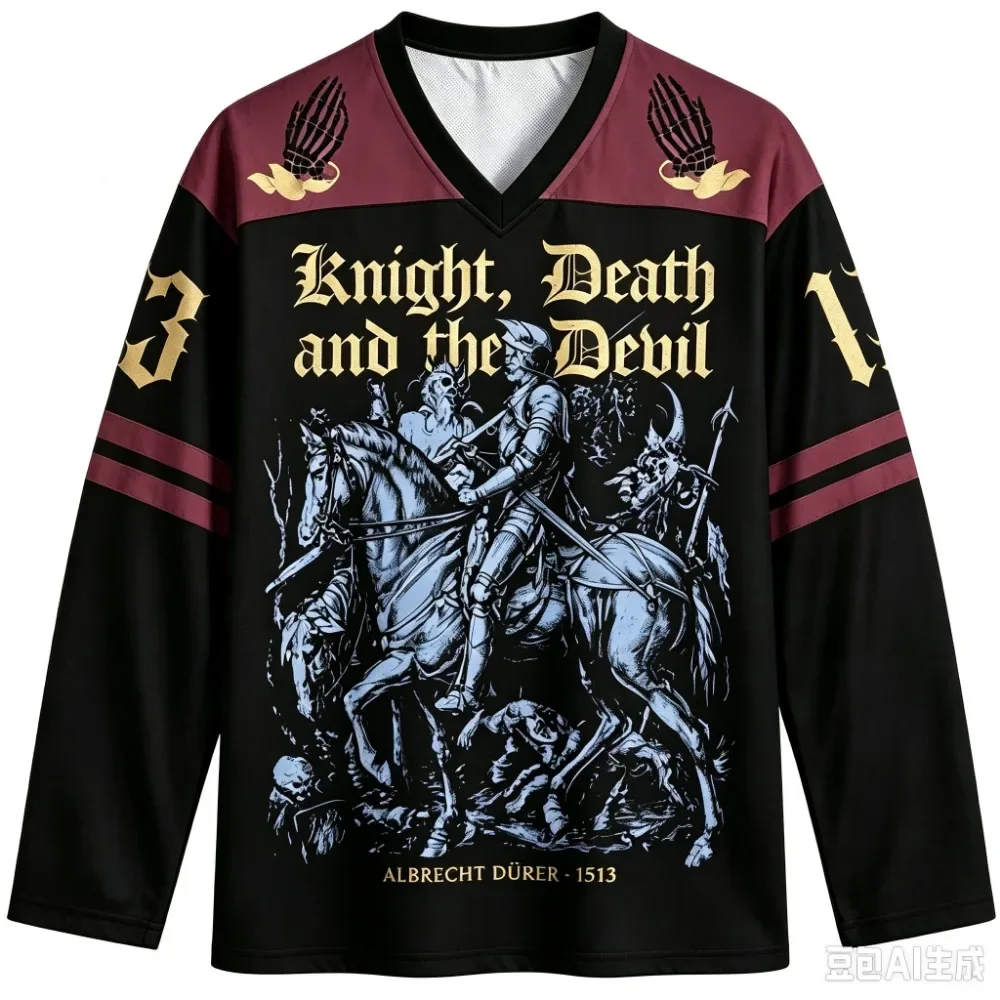 Retro Gothic Style Knight 3D Print Men's V-neck Loose Long-Sleeved T-shirt -Outdoor Street Casual Sports Breathable Parental Top