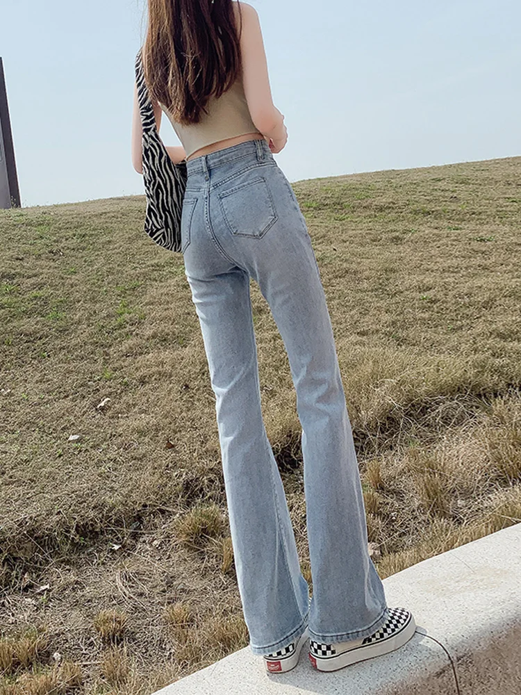 

Женские джинсы-клеш с высокой талией из светлого денима, модные хлопковые эластичные повседневные брюки прямого кроя для весны, осени и лета