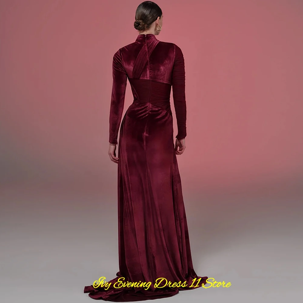 Luxury Velour Evening Dress Long Sleeves Customized Prom Dresses Burgundy Handmade Flowers Sweep Train Vestido De Festa