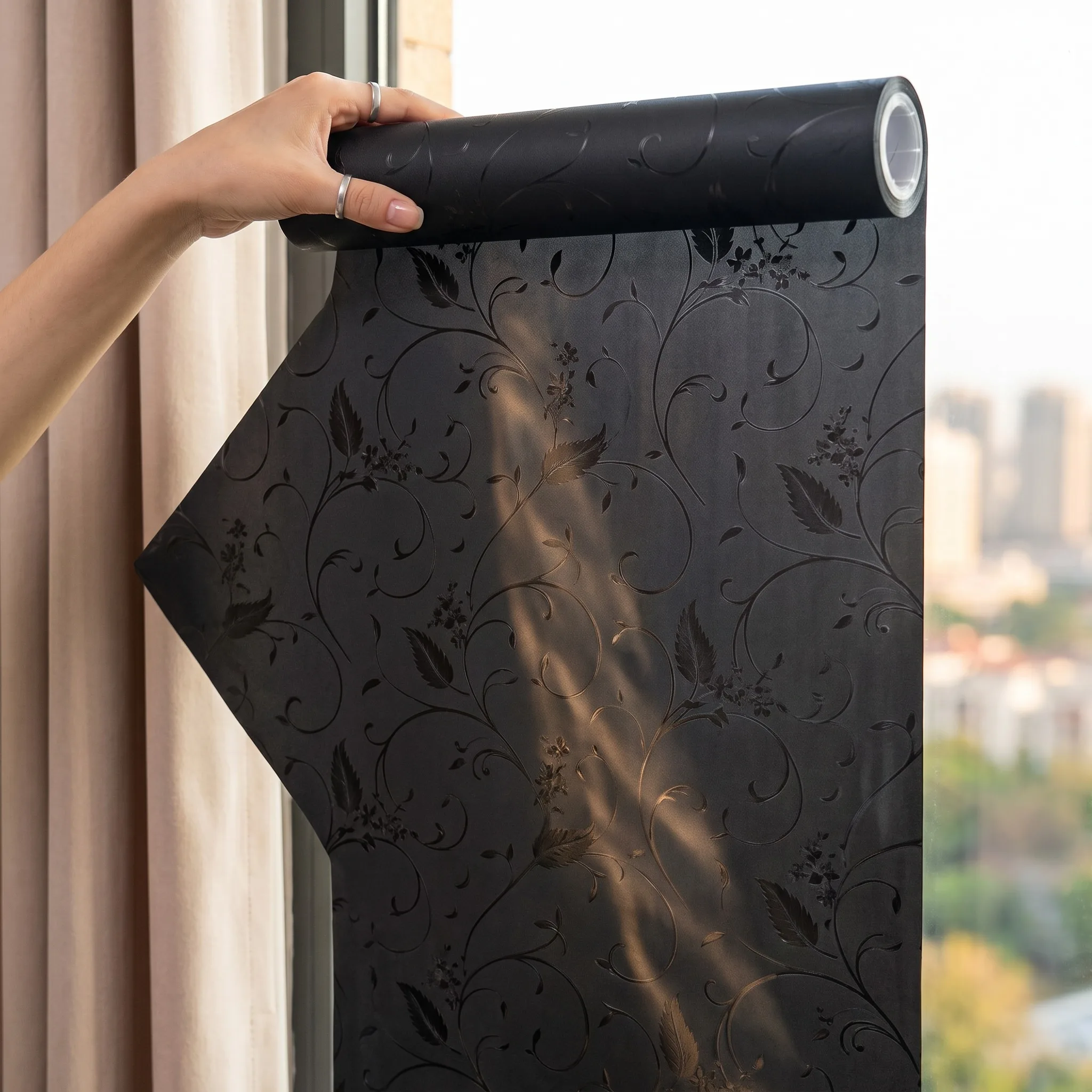 Vintage Black Floral Static Cling Window Film No Glue Blackout Frosted Privacy Film, Luxury Vine Decor for Bathroom Glass Door D