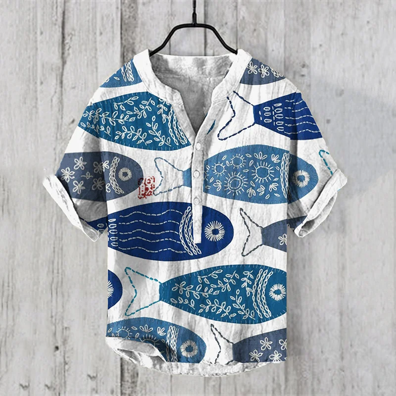 2024 New Hawaiian Short Sleeve Shirt 3D Fish Print Bamboo Linen Fashion Casual Loose Pullover Button Men's Shirt