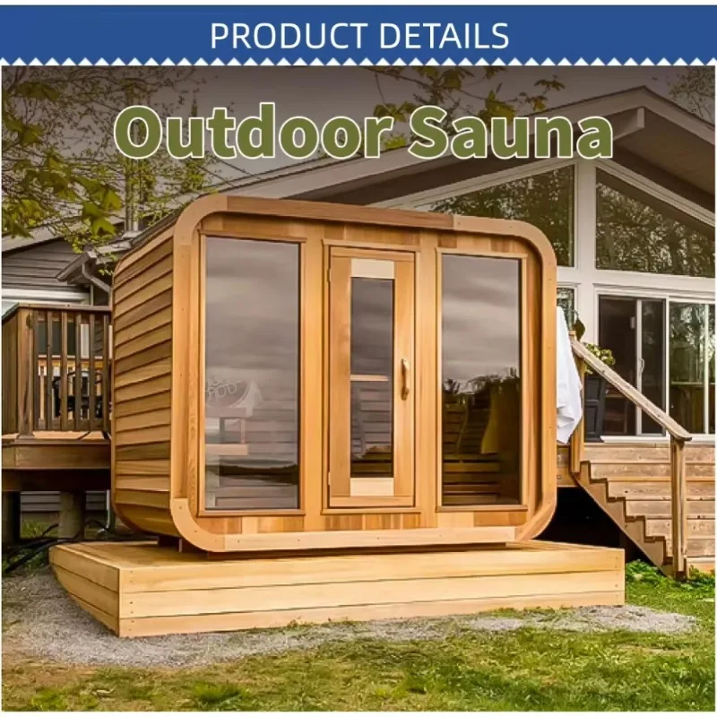 Cube Pod Outdoor Sauna Cabin, Anti‑Rot Natural Wood Dry Steam 4‑6 Person Oversized Glass for Holiday Rental Backyard