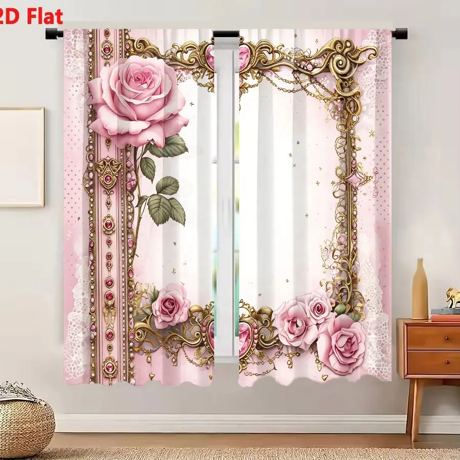 2Pcs Curtains Add 2D Flat Ornate Gold Frame With Pink Hearts And Roses On Soft Pink Background Window Drapes for Bedroom Room De
