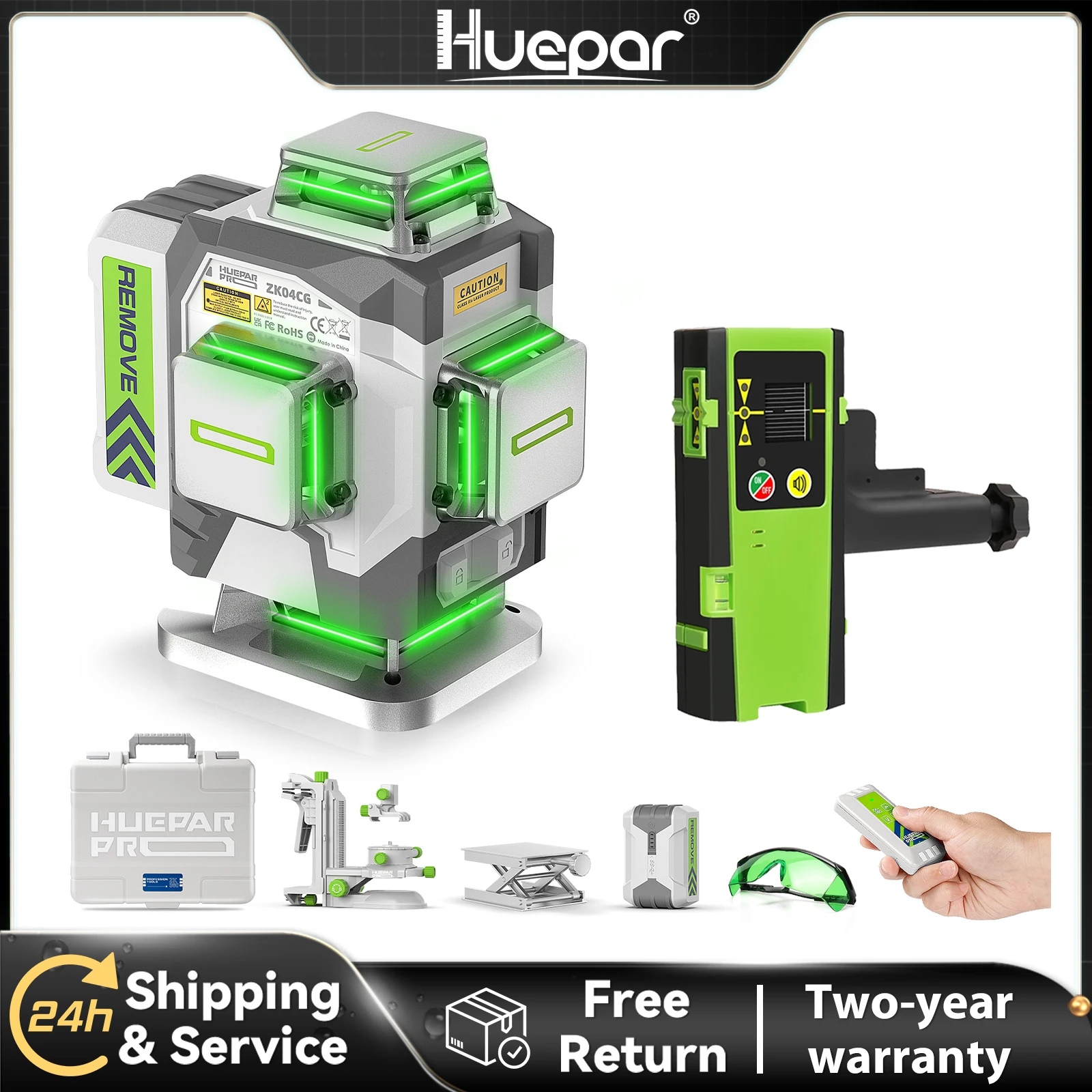 Huepar 4D Cross Line Laser Level High Accuracy ±2mm/10m Self Leveling Green Laser Tools With 8000mAh Li-ion Battery & Receiver