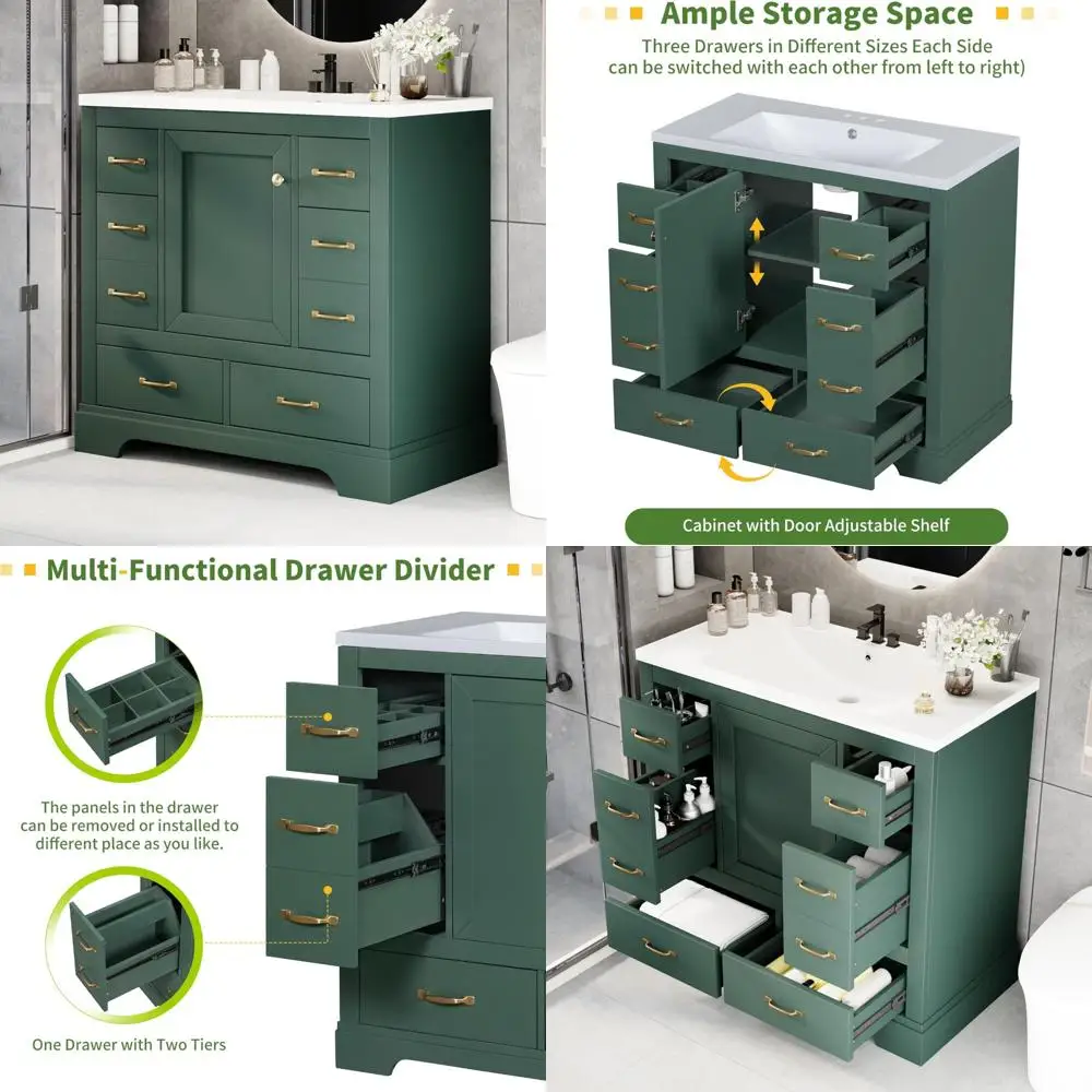36-inch green bathroom vanity cabinet with sink, six drawers, adjustable shelf, soft-close door