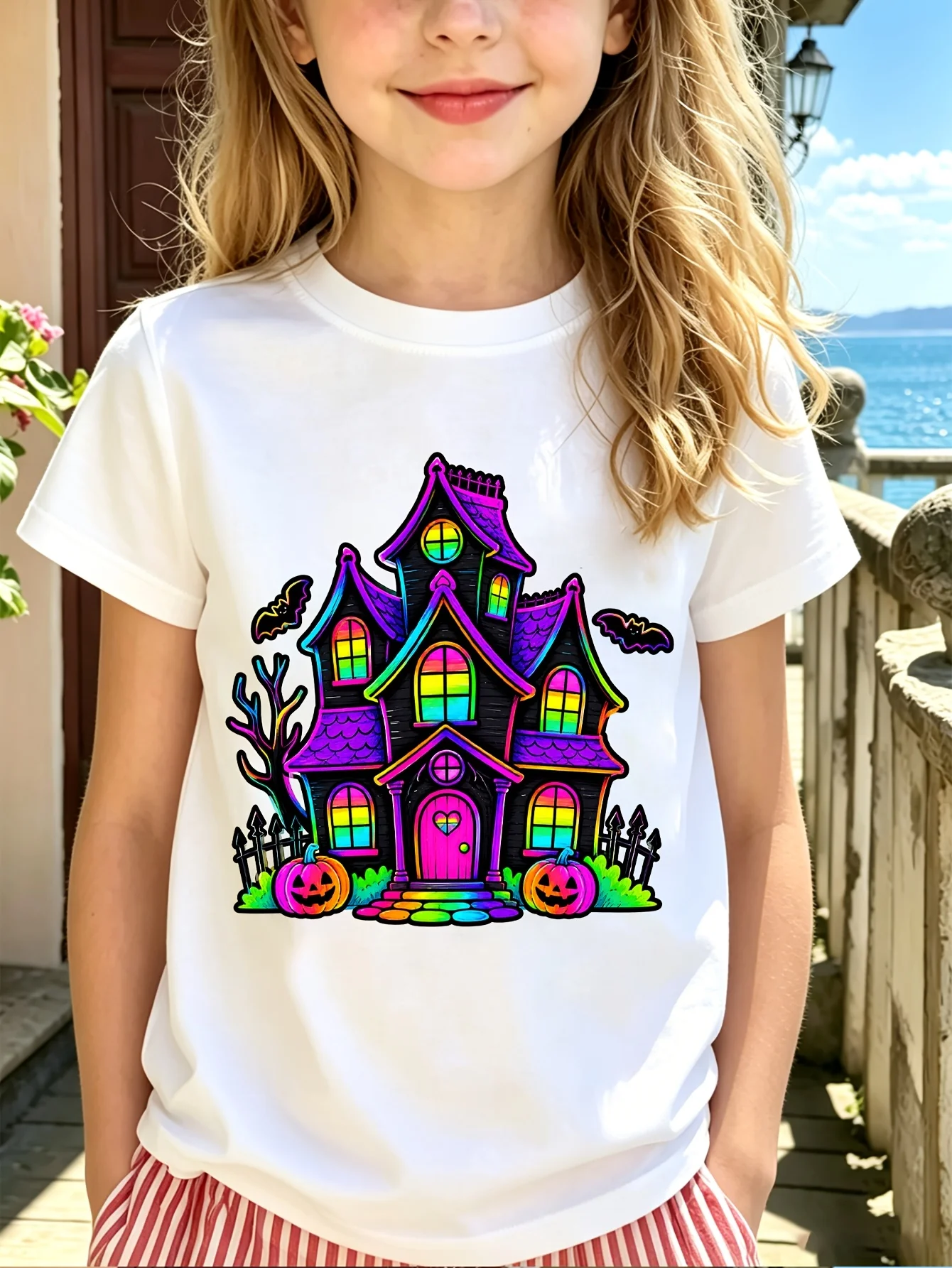 Kids Family Matching T Shirt Rainbow Haunted House Pumpkin Bat Print Short Sleeve Cotton Tops For Boys Girls Daily Casual Outfit