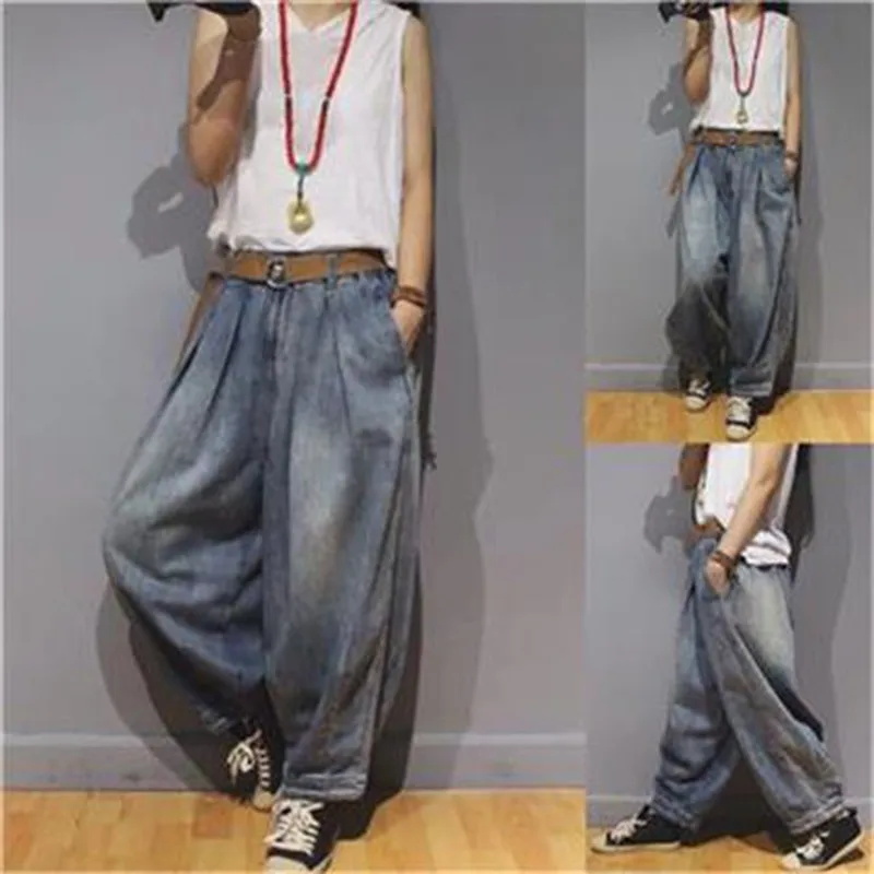 2023 Spring Autumn New Arts Style Women Elastic Waist Casual Cotton Denim Wide Leg Pants Vintage Blue Loose Jeans P276