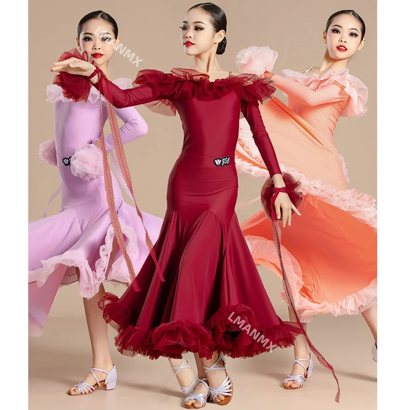 

Off-Shoulder Ballroom Dancing Competition Dress Girls Tango Waltz Dance Costume Children Standard Performance Outfit