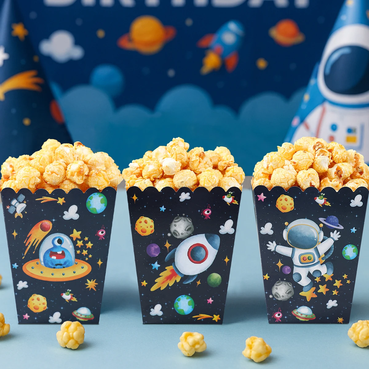 10 unidades, cajas de palomitas de maíz con tema de astronauta, espacio exterior para galaxias, bocadillos, contenedor, cajas de cubo, cumpleaños, Baby Shower, decoración para fiestas