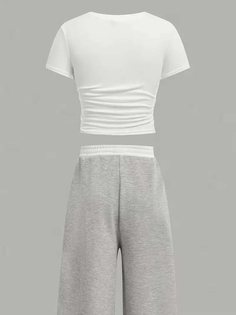 Zweiteiliges Hosen-Set für Mädchen mit Sternenmuster, weißes gerafftes Crop-Top und graue Hose mit weitem Bein, süßes, lässiges Outfit – Detail 5