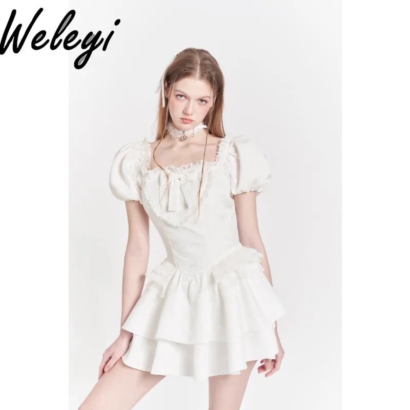 Super Nice Kawaii Lace White Dresses Ropa Mujer Streetwear New 2024 Summer Cute Square Collar Puff Sleeve A Line Princess Frock