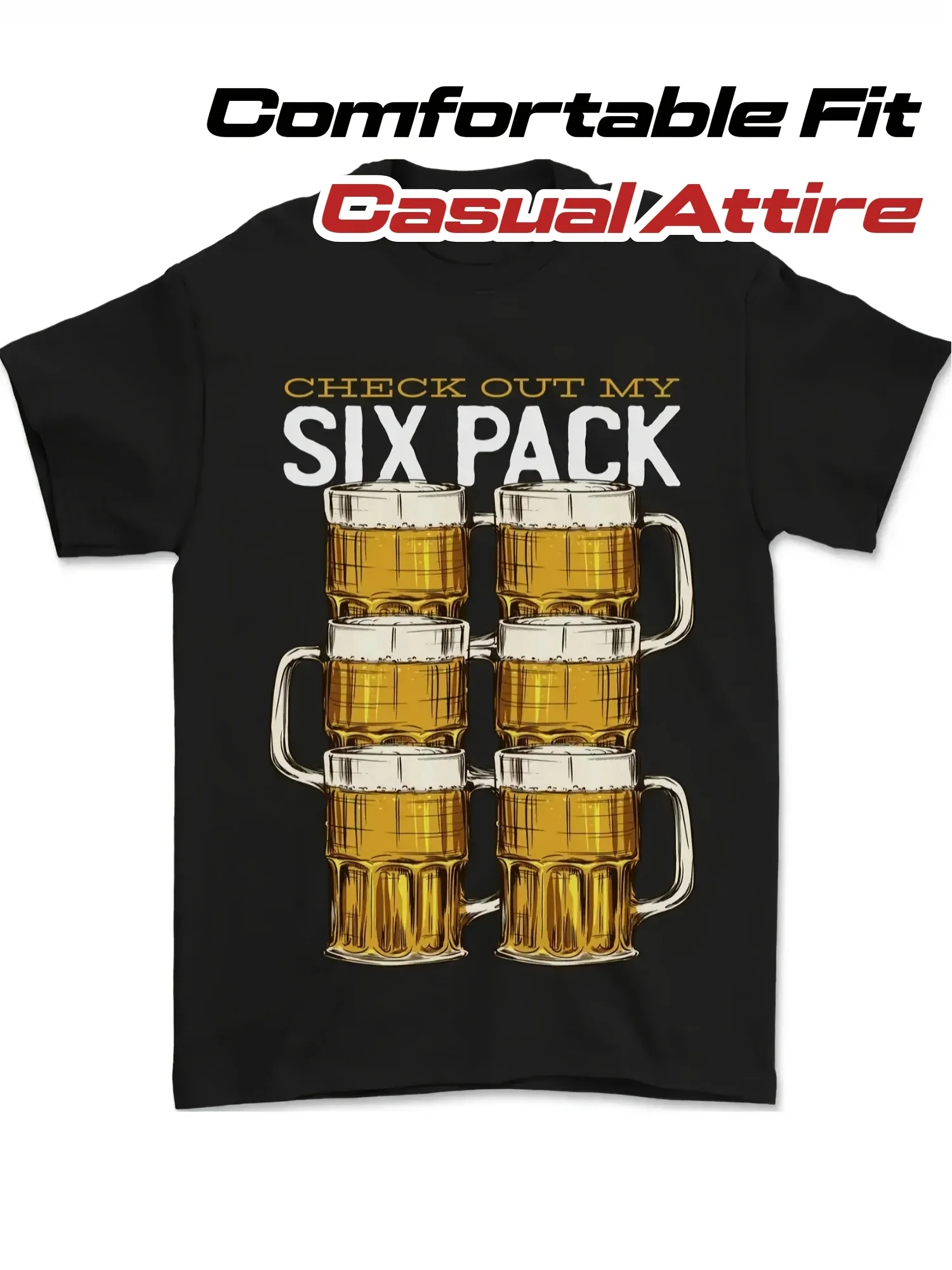 2026 Humorous Graphic T-Shirt for Beer Enthusiasts - Featuring a Six Pc Slogan And Beer Mug Design, This Breathable Black Casual