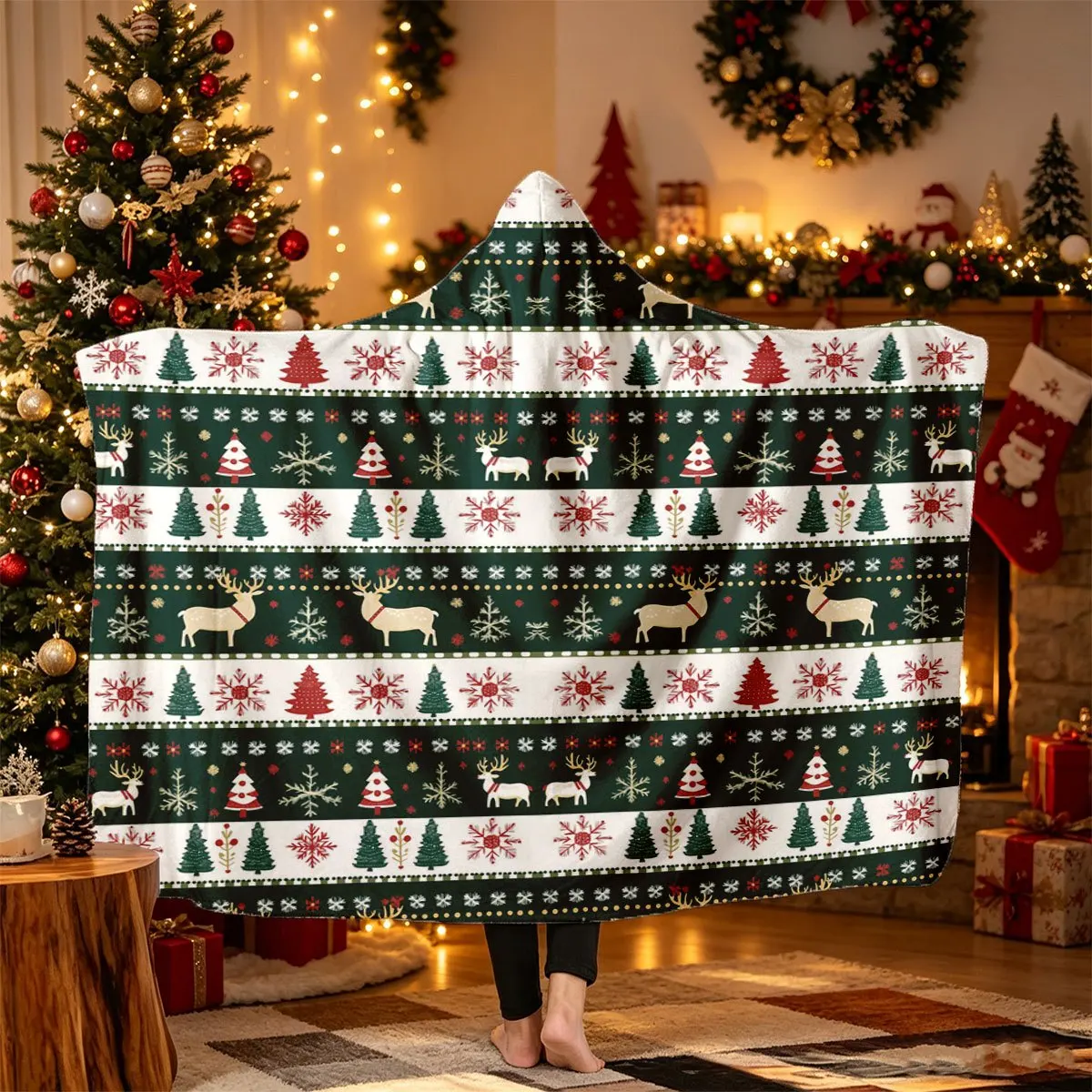 Nordic Faroe Island Style Christmas Reindeer Snowflake Theme Flannel Hooded Blanket Wearable Blanket, Halloween