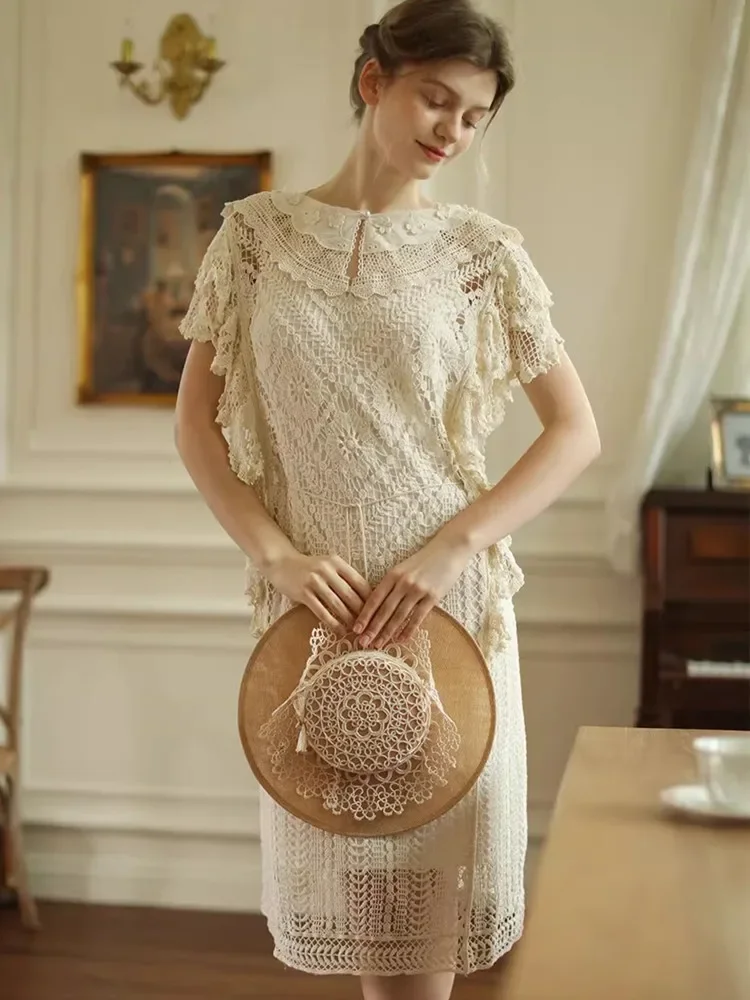 

Spring Summer Mid Dresses For Women Vintage Victoria Lace Dress Elegant Embroidery Crochet Sexy Hollow Out Lace Long Dresses