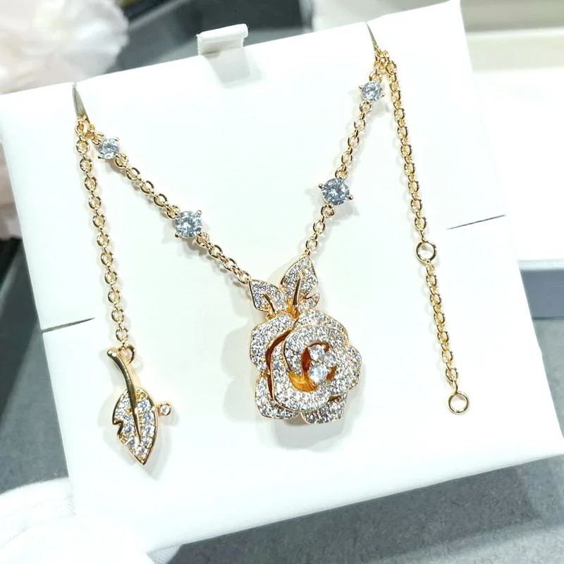 Fashion Elegant Women Lady Necklace Inlay Cubic Zircon Rose Flower Pendant Plated V Gold Color High-end Jewelry