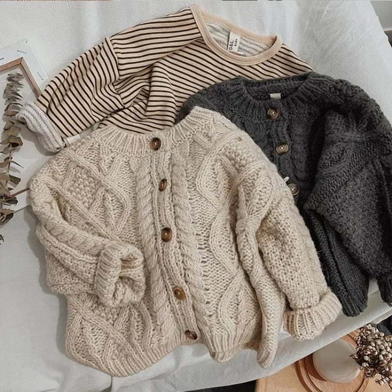 Korean Children Sweaters Cardigan Autumn and Winter 2025 Baby Coarse Wool Hemp Retro Cardigan Coat Boys Girls Sweaters