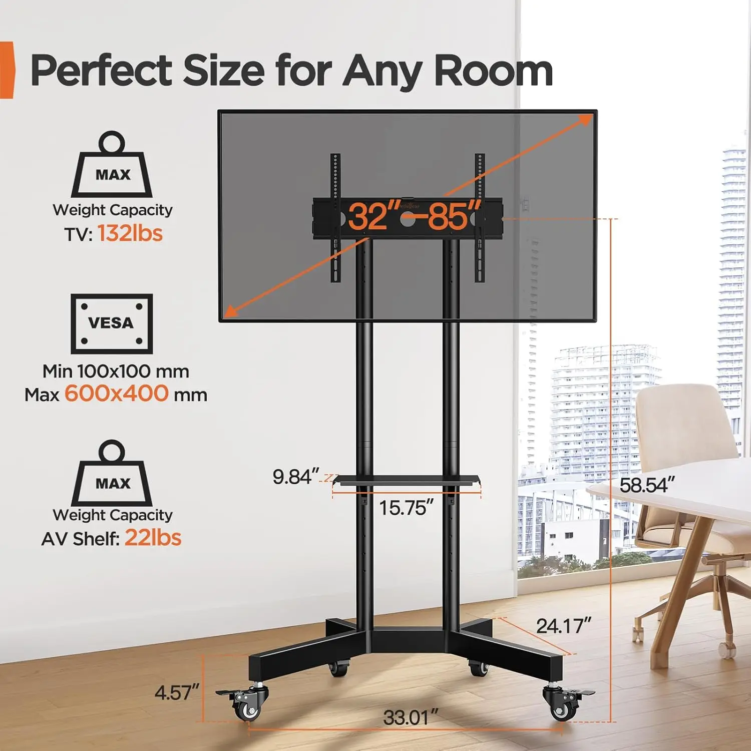 Rolling TV Stand for 32-85 Inch Screens up to 132 lbs, Height Adjustable Mobile TV Stand for LCD OLED 4K Flat/Curved P