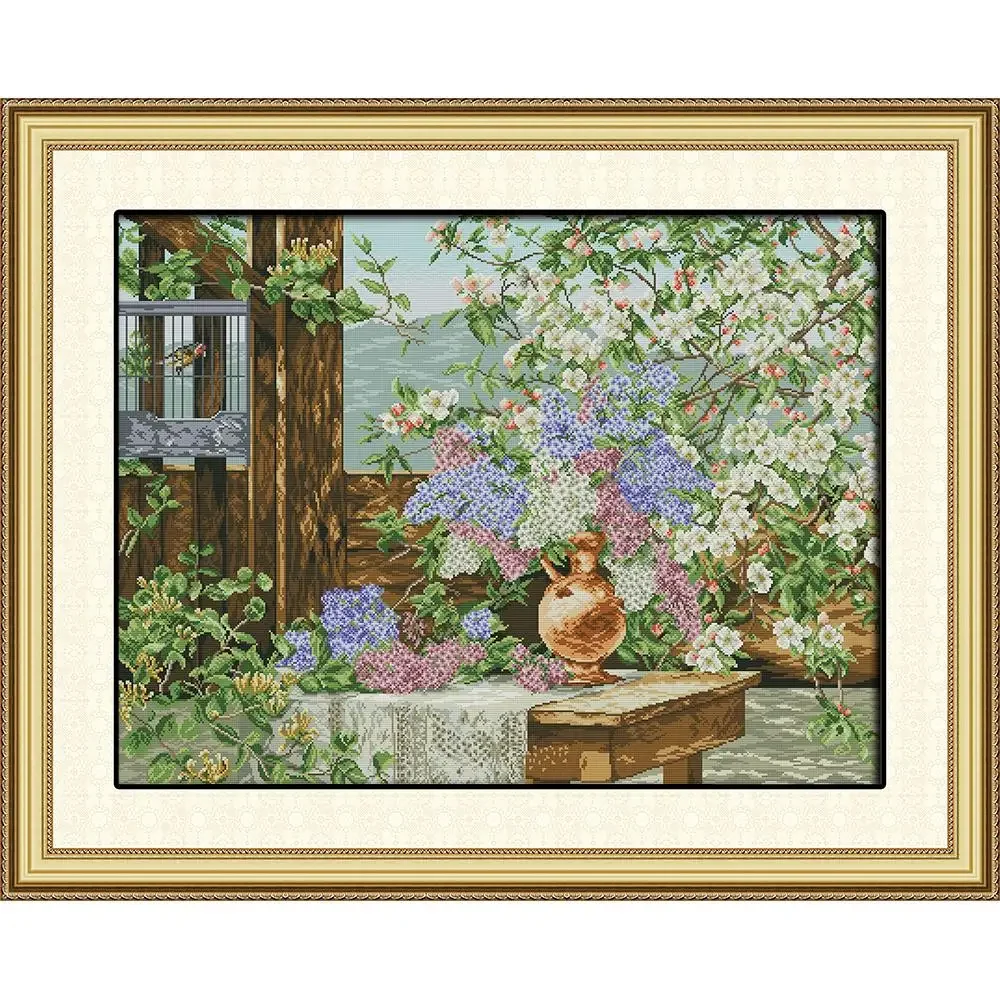 Joy Sunday Pre-printed Cross Stitch Kit  Easy Pattern Aida  Stamped Fabric Embroidery Set-Flowers Full of Garden