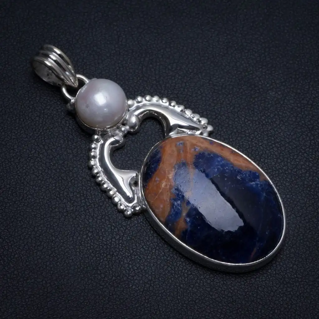 StarGems Navy Sodalite and River Pearl Handmade Indian 925 Sterling Silver Pendant 2 1/4