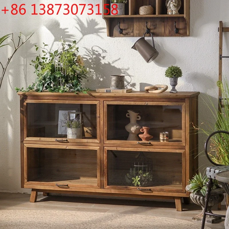 All solid wood log style retro dining side cabinet pull-up glass door lattice cabinet tea room old tea cabinet