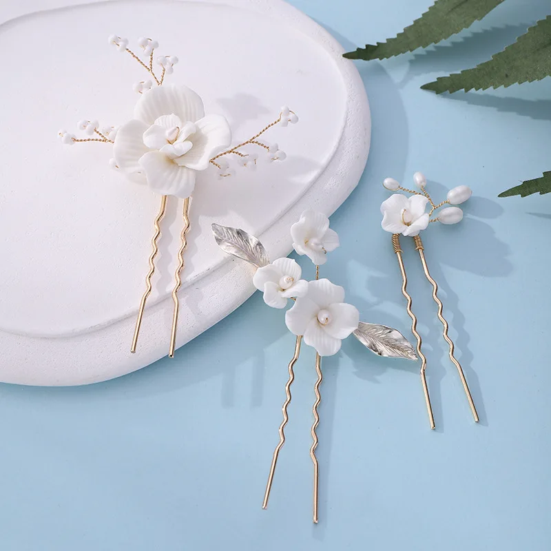 Simple U Shaped Hair Sticks Bride Wedding Headdress White Porcelain Flower Hairpins Hair Clips Bridal Jewelry Fairy Headpieces