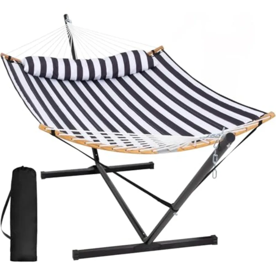 Extra Large Double Hammock with Stand and Curved Spreader Bar Black Stripes for Outdoor Relaxation Durable Polyester Fabric