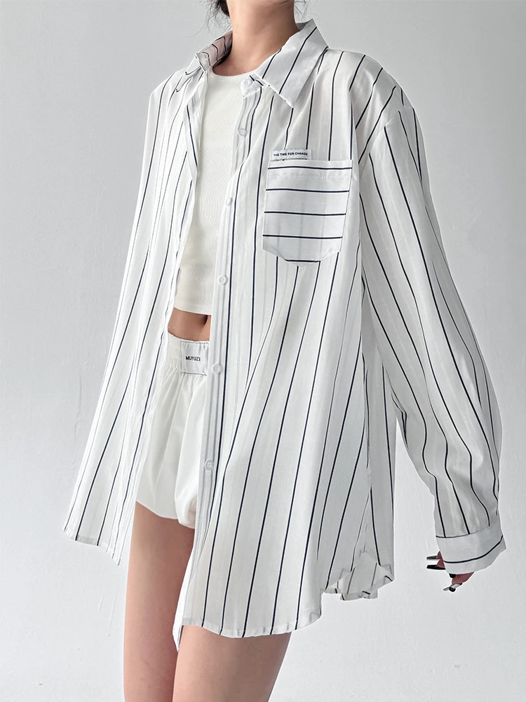 Zomer 2025, dames casual gestreepte zonbescherming irt losse lange Sve-kraag polyester katoenmix bovenkleding top