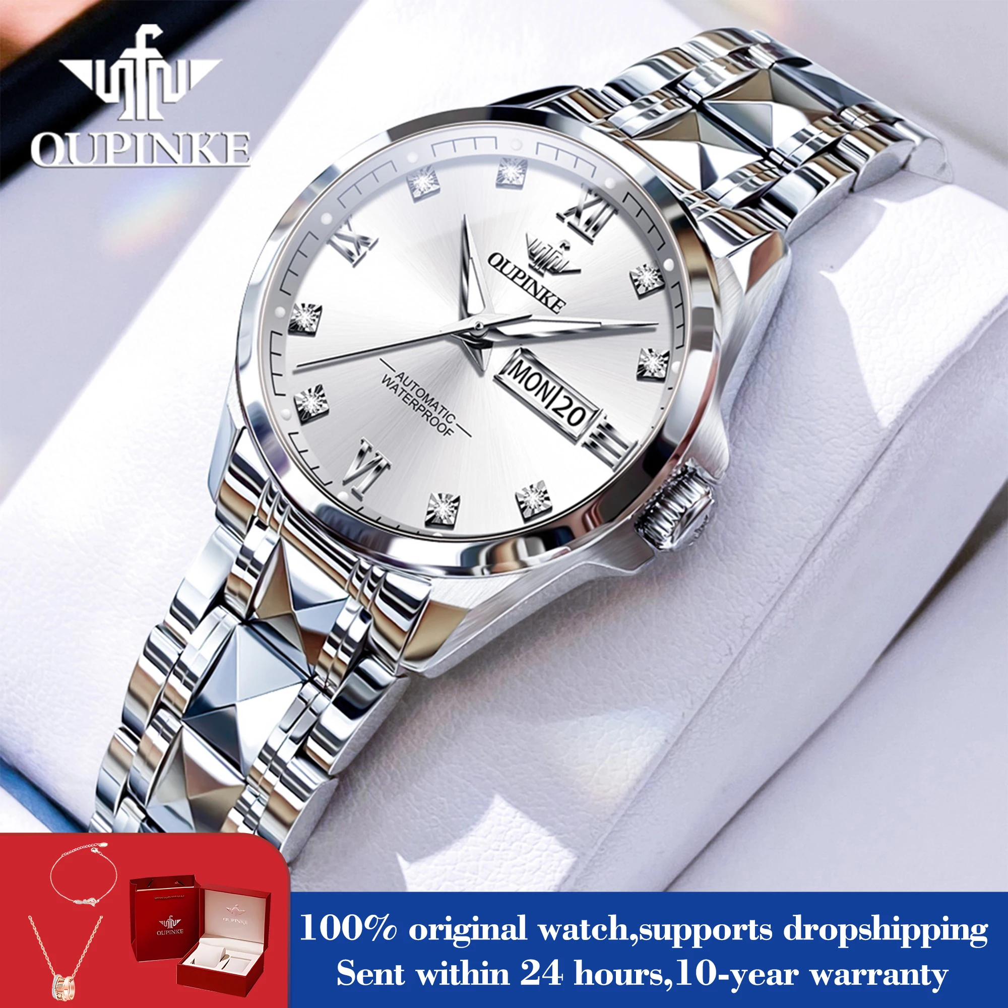 

OUPINKE 3262 Original Elegant Mechanical Woman Watch Stainless Steel Dual Calendar Watch For Women Diamond Waterproof Hand Clock