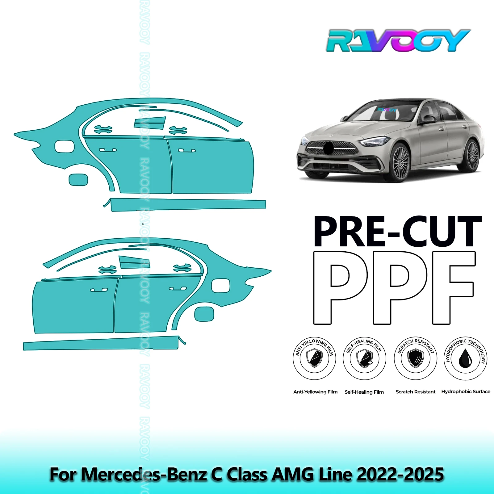 

For Mercedes-Benz C Class AMG Line 2022-2025 8.5mil Clear Matte Pre-Cut PPF Door & A/B Pillar Kit TPU Paint Protection Film Set