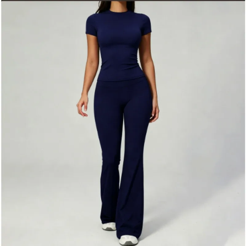 Soft Seamless Yoga Outfits Women Slim Fit Short Sleeve Tee High Rise Flared Leggings Sport Gym Two Piece Set