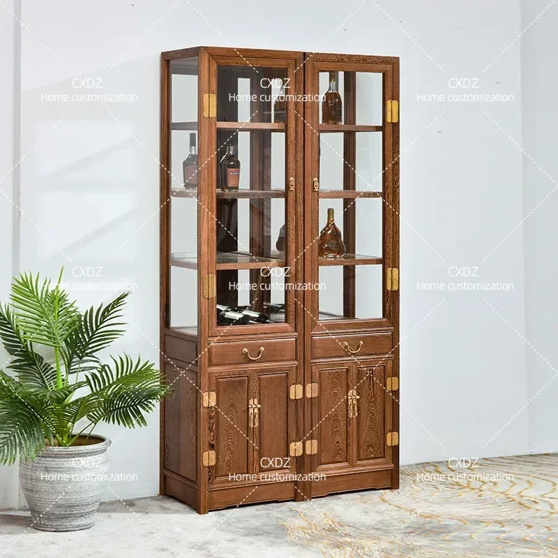 New Chinese Style Solid Wood Wine Cabinet Single Door Glass Display Cabinet Living Room Wall Mounted Storage Shelf Simple