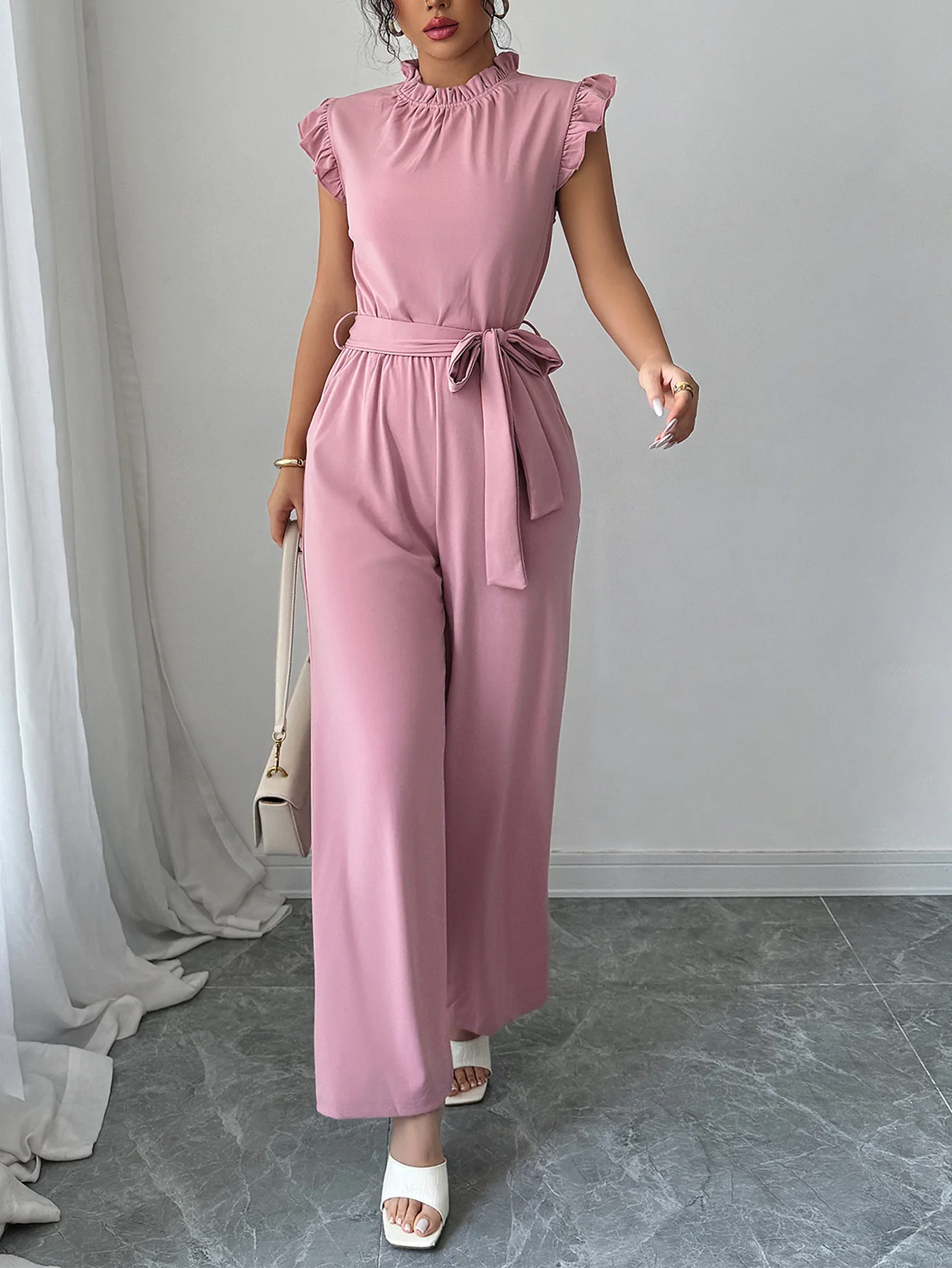 French Style Fashionable Temperament Elegant Style Pink Simple Stand Up Collar Flying Sleeve Lace Up Waist Women's Jumpsuit