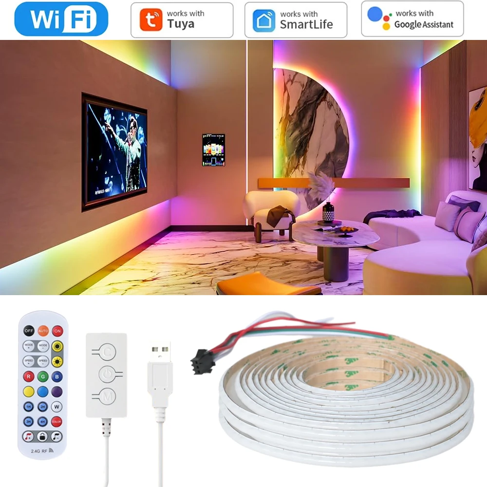 

USB TUYA WiFi COB RGBIC LED Strip Dynamic Music Sync 5V 1M 2M 3M WS2811 IC Game Party Light RF Remote Control for Alexa Google